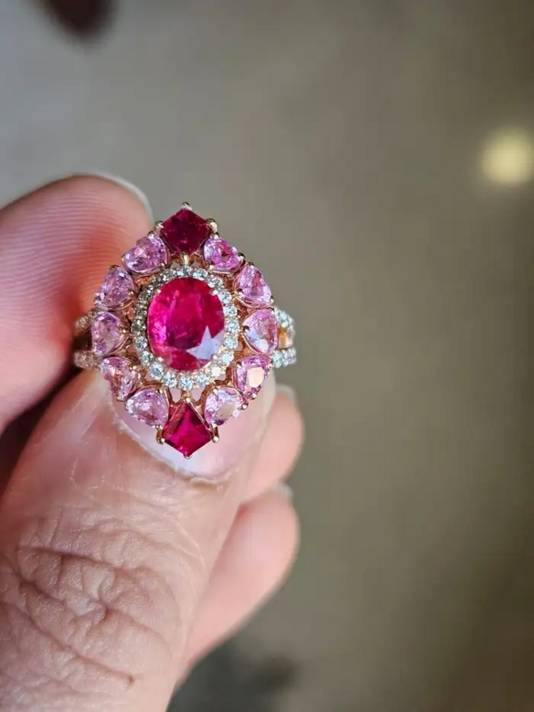 18K Yellow Gold, natural Mozambique Ruby, Pink Sapphire & Diamonds Cocktail Ring