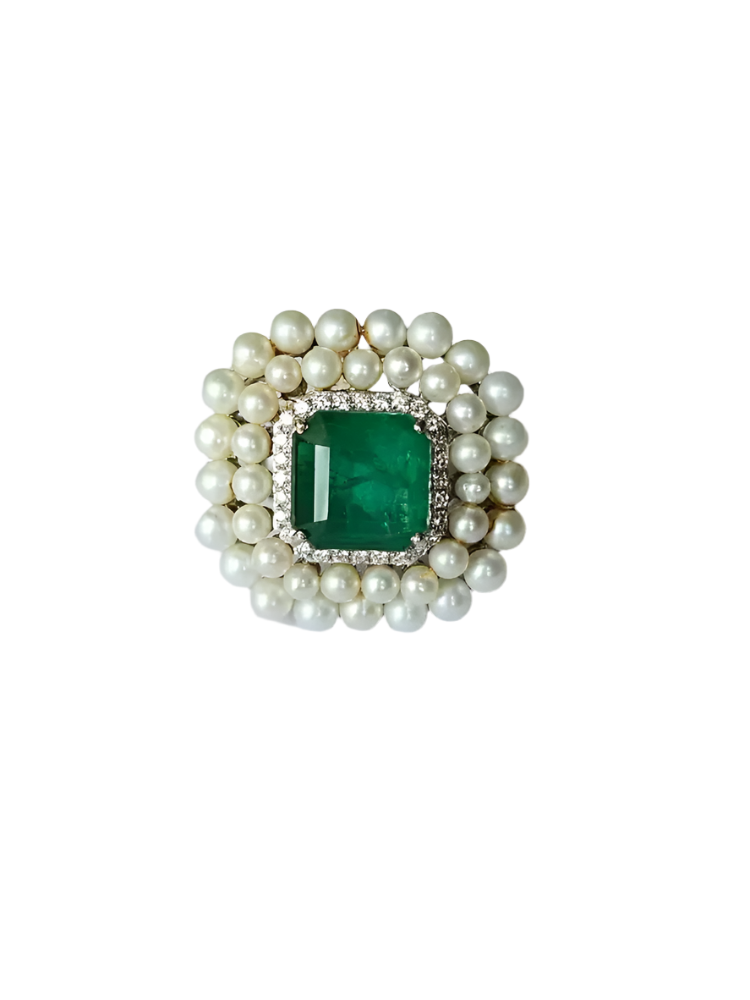 Natural Zambian Emerald & Diamond Wedding Ring - 18k White Gold Fresh Water Pearl Cocktail Ring