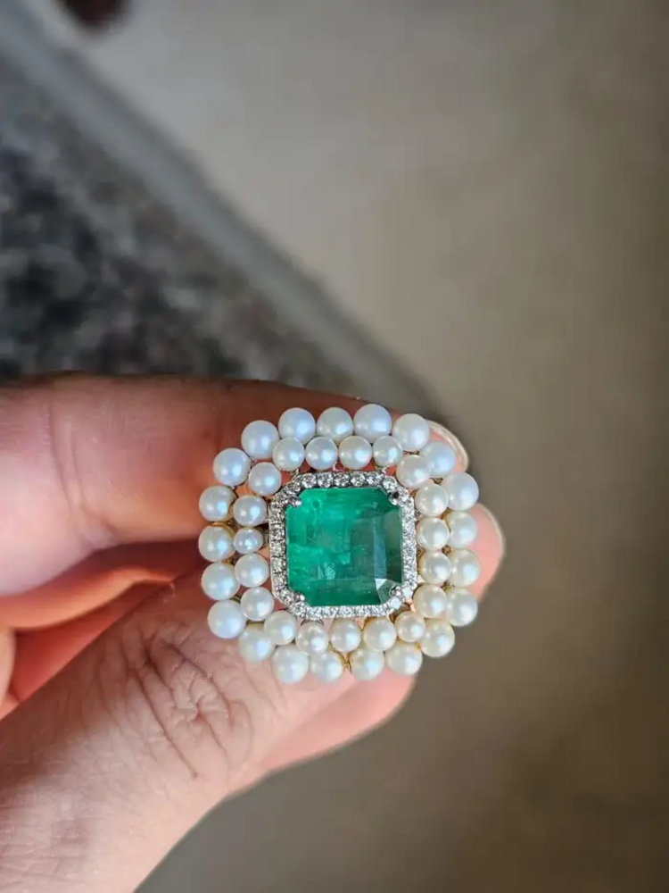 Natural Zambian Emerald & Diamond Wedding Ring - 18k White Gold Fresh Water Pearl Cocktail Ring