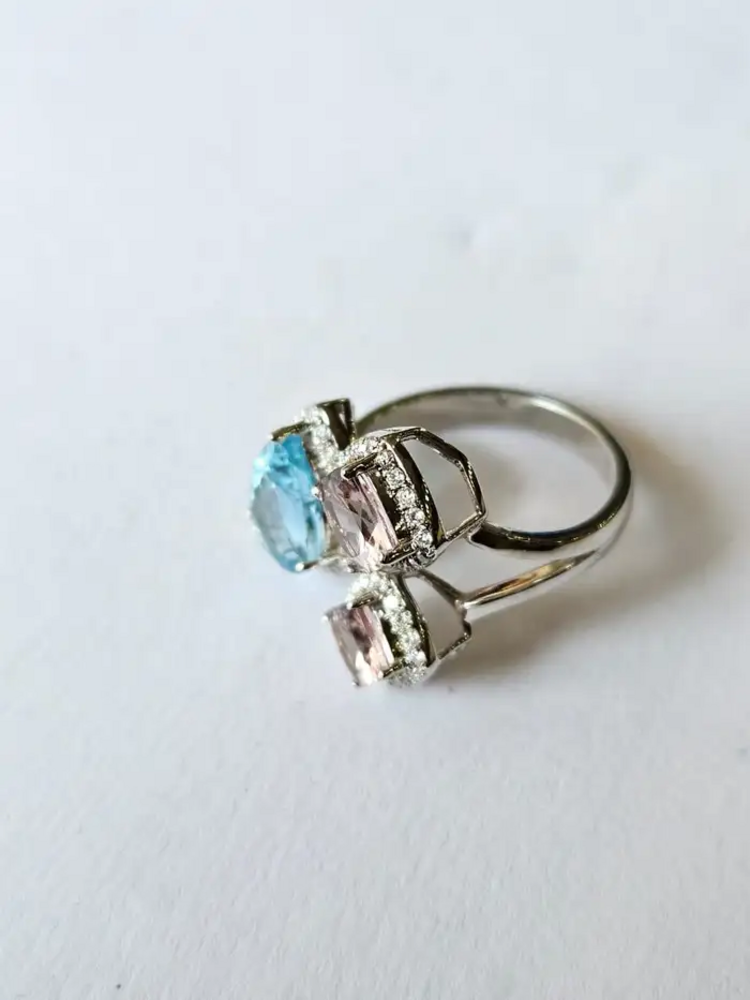Aquamarine & Morganite Gemstone Ring - 18k White Gold Handmade Women Ring - Gold Diamond Wedding Gift Ring