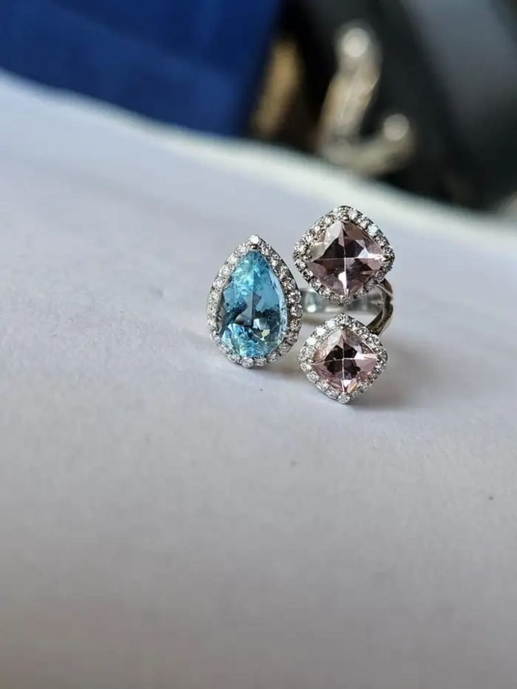 Aquamarine & Morganite Gemstone Ring - 18k White Gold Handmade Women Ring - Gold Diamond Wedding Gift Ring