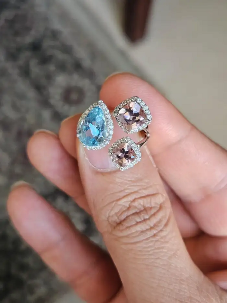 Aquamarine & Morganite Gemstone Ring - 18k White Gold Handmade Women Ring - Gold Diamond Wedding Gift Ring