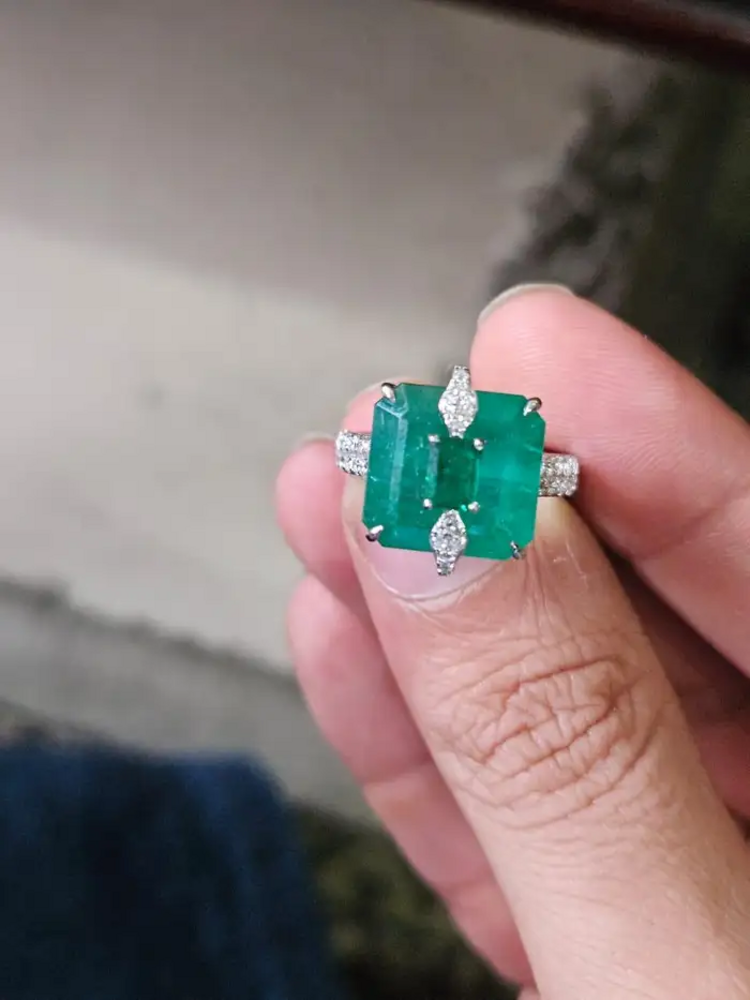 Natural Zambian Emerald Diamond Ring - 18k White Gold Handmade Ring - Gold Diamond Women Ring Gift