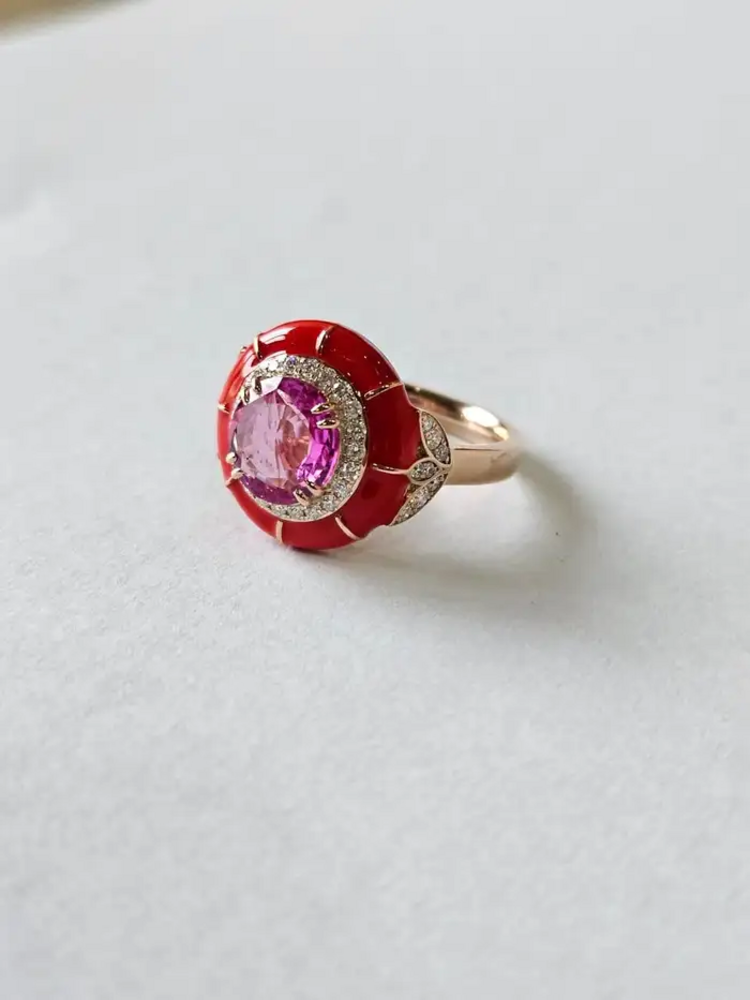 18k Gold Diamond Minimalist Ring - Natural Pink Sapphire & Red Enamel Ring - Party Wear Ring