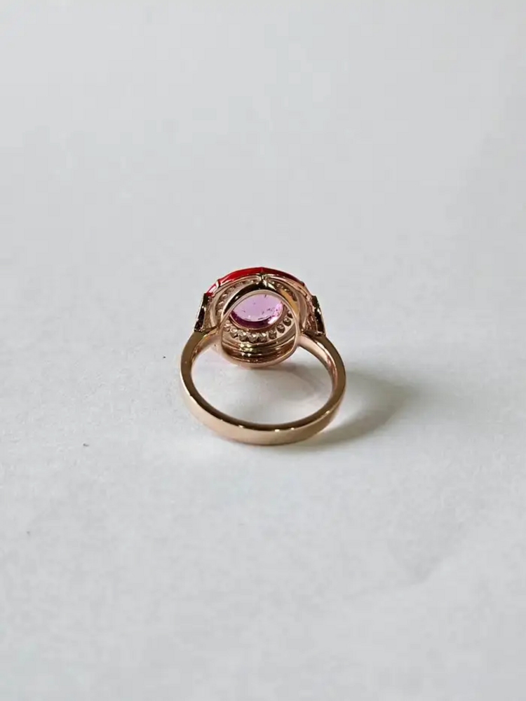 18k Gold Diamond Minimalist Ring - Natural Pink Sapphire & Red Enamel Ring - Party Wear Ring
