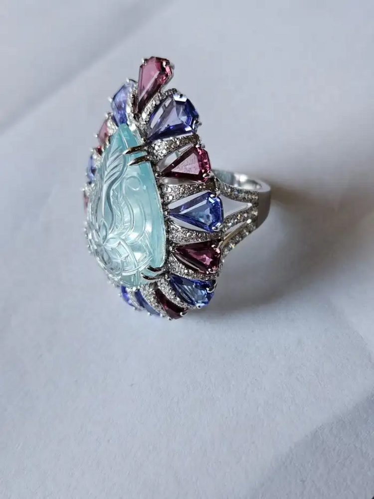 Natural Rubellite, Tanzanite & Carved Aquamarine Gold Ring - 18k White Gold Diamond Big Ring
