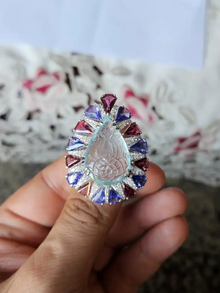 Natural Rubellite, Tanzanite & Carved Aquamarine Gold Ring - 18k White Gold Diamond Big Ring