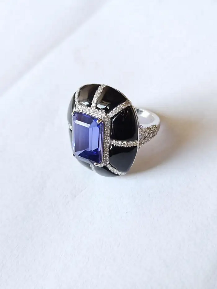 18k Gold Diamond Ring - Natural 7.33 Ct. Tanzanite & Black Onyx Ring - Handmade White Gold Ring