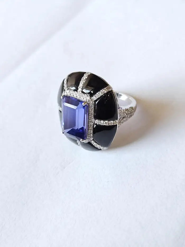 18k Gold Diamond Ring - Natural 7.33 Ct. Tanzanite & Black Onyx Ring - Handmade White Gold Ring