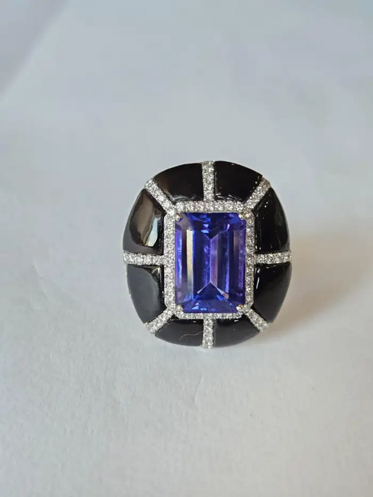 18k Gold Diamond Ring - Natural 7.33 Ct. Tanzanite & Black Onyx Ring - Handmade White Gold Ring