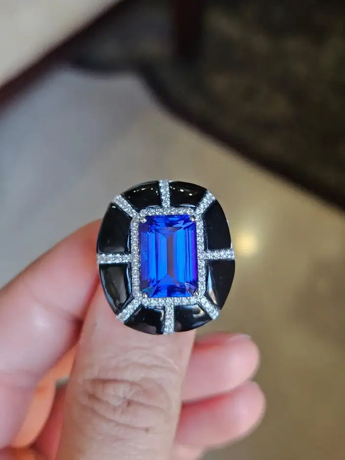 18k Gold Diamond Ring - Natural 7.33 Ct. Tanzanite & Black Onyx Ring - Handmade White Gold Ring