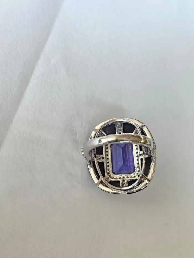 18k Gold Diamond Ring - Natural 7.33 Ct. Tanzanite & Black Onyx Ring - Handmade White Gold Ring