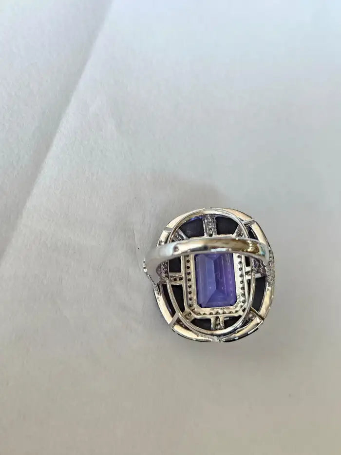 18k Gold Diamond Ring - Natural 7.33 Ct. Tanzanite & Black Onyx Ring - Handmade White Gold Ring