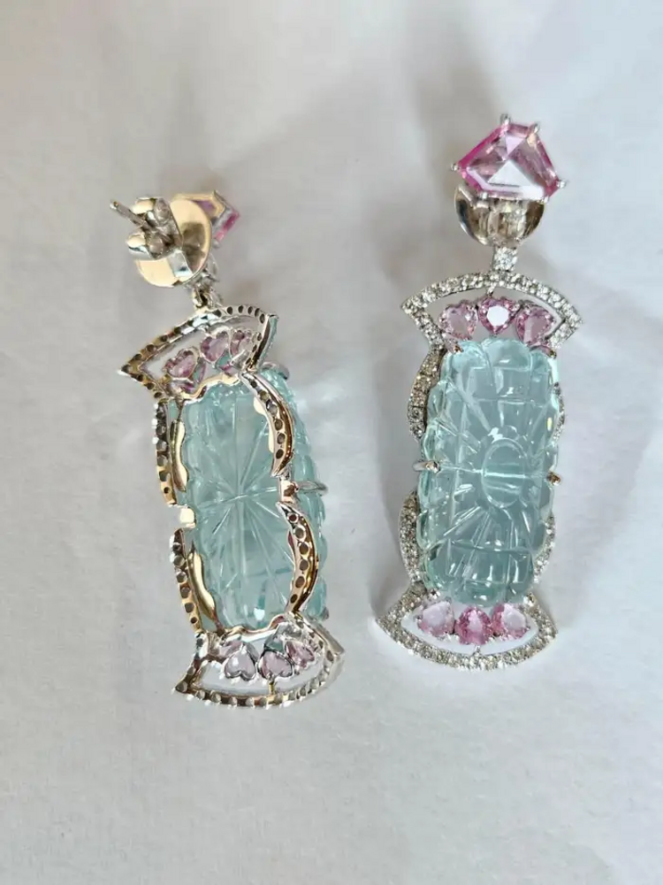 White Gold 18k Earrings - Natural Pink Sapphire & Carved Aquamarine Gemstone Dangle Earrings - Gold Diamond Women Valentine Jewelry