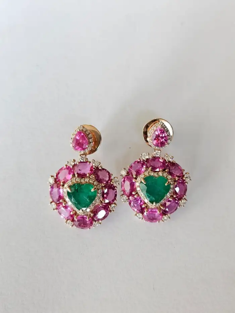 Heart Shape 8.95 Ct. Zambian Emerald Earrings - 18k Rose Gold Diamond Dangle Earrings - Natural Pink Sapphire Earrings