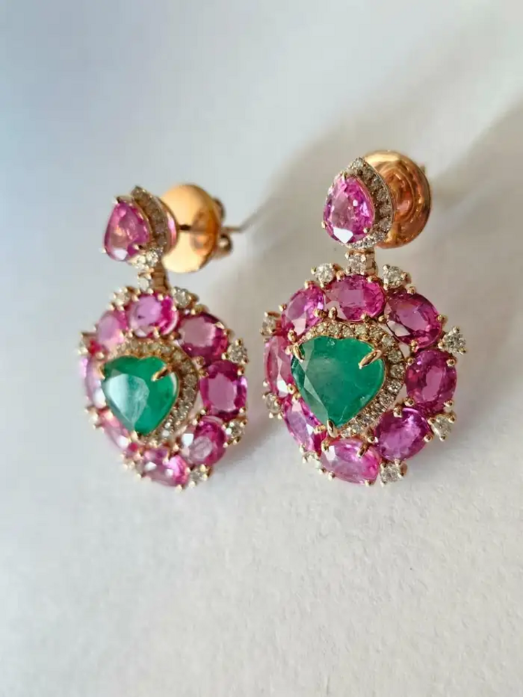 Heart Shape 8.95 Ct. Zambian Emerald Earrings - 18k Rose Gold Diamond Dangle Earrings - Natural Pink Sapphire Earrings