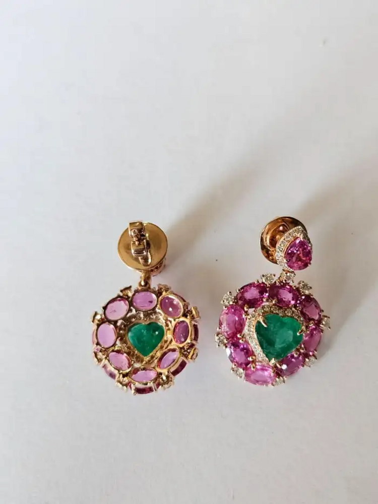 Heart Shape 8.95 Ct. Zambian Emerald Earrings - 18k Rose Gold Diamond Dangle Earrings - Natural Pink Sapphire Earrings