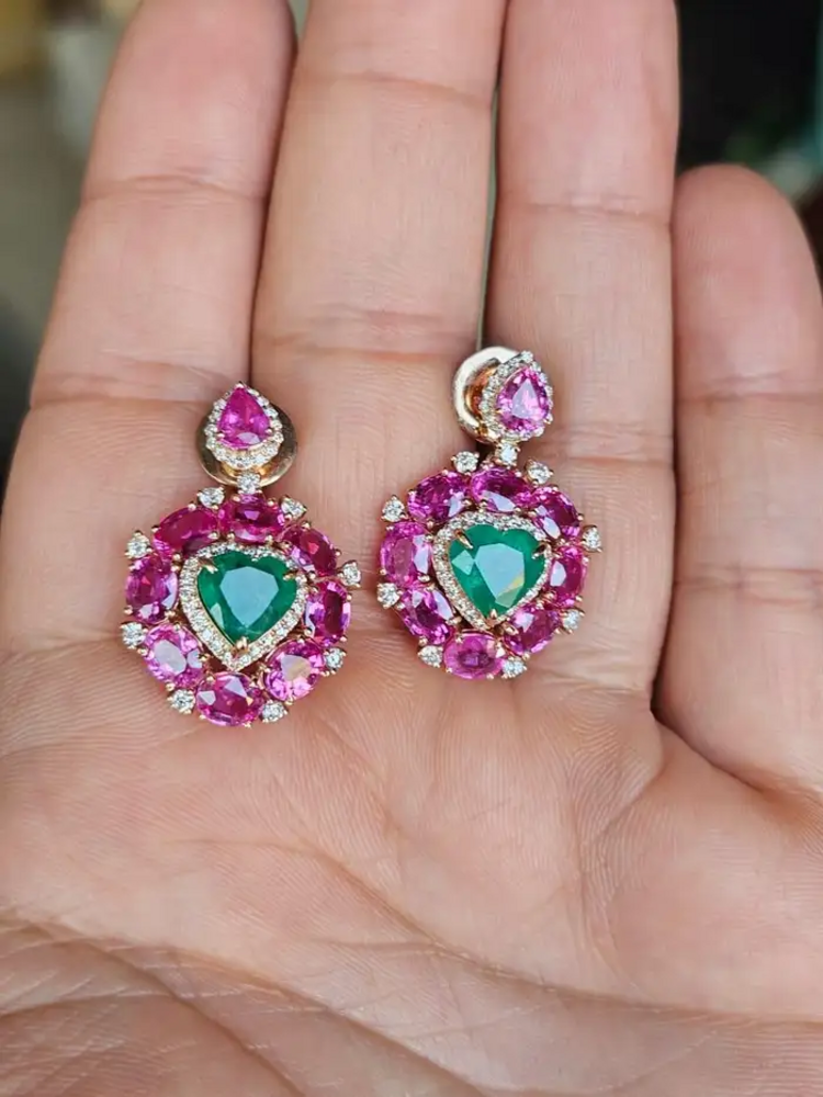 Heart Shape 8.95 Ct. Zambian Emerald Earrings - 18k Rose Gold Diamond Dangle Earrings - Natural Pink Sapphire Earrings