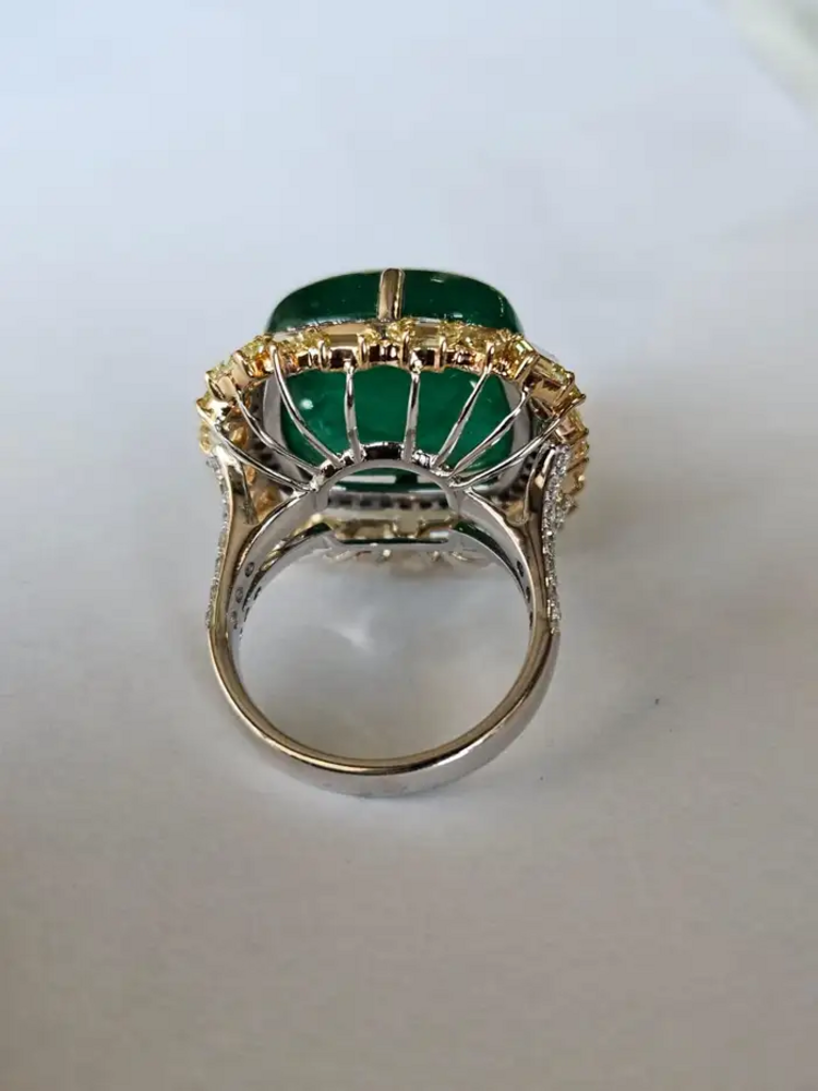 18k White Gold Statement Ring With Yellow Diamond - Natural Zambian Emerald Cocktail Ring