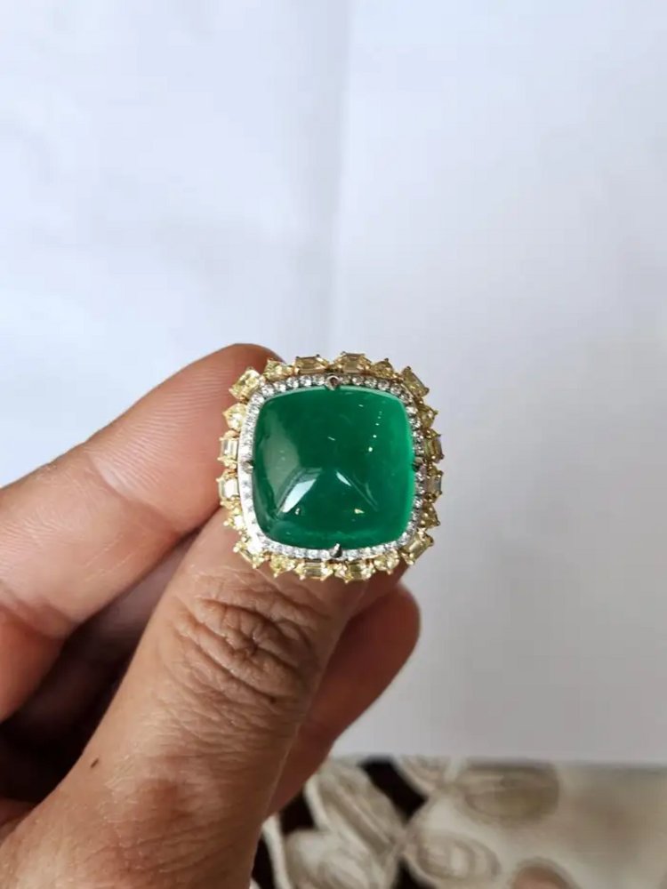 18k White Gold Statement Ring With Yellow Diamond - Natural Zambian Emerald Cocktail Ring
