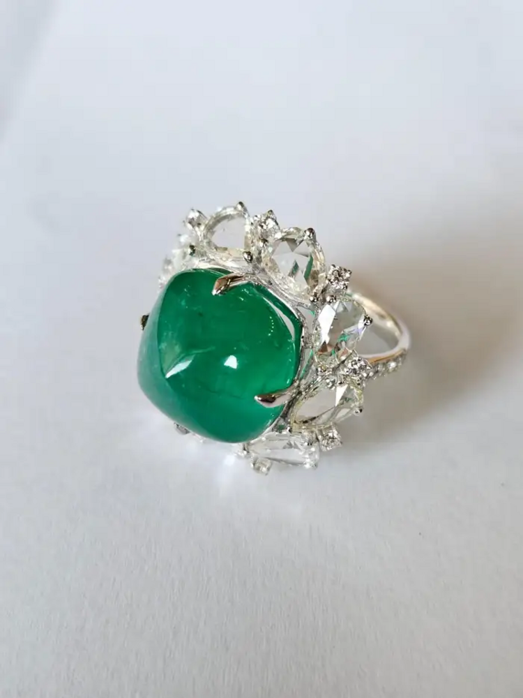 17.79 carats, natural Zambian Emerald Sugarloaf & Rose Cut Diamond Cocktail Ring