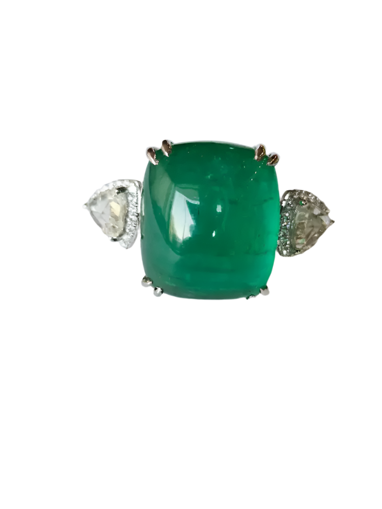 18k White Gold Handmade Rose Cut Diamond Ring - Natural Zambian Emerald Dome Ring