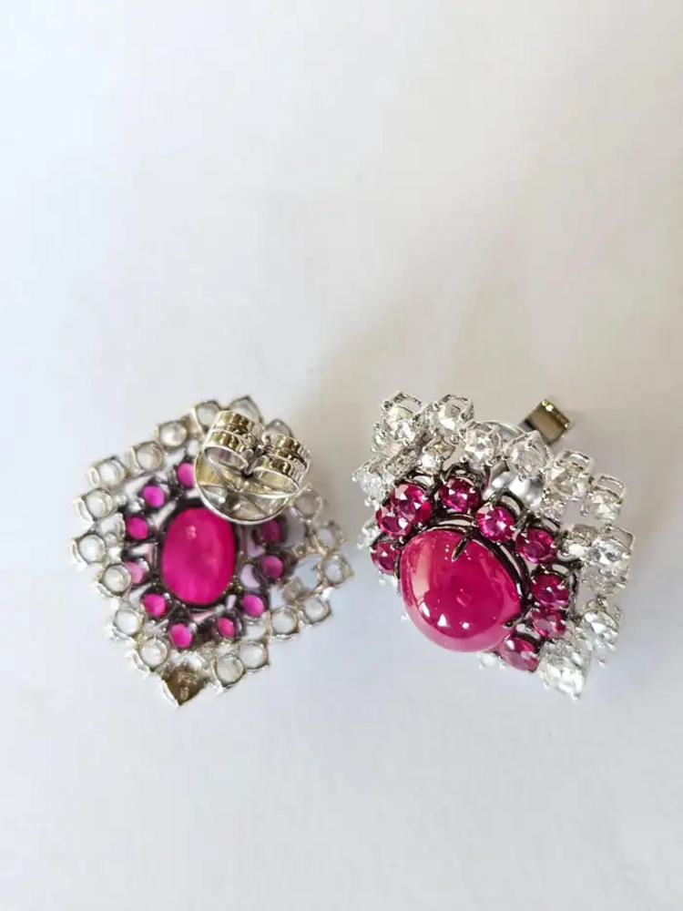 Natural Mozambique Ruby Stud Earrings - 18k White Gold Diamond Minimalist Earrings