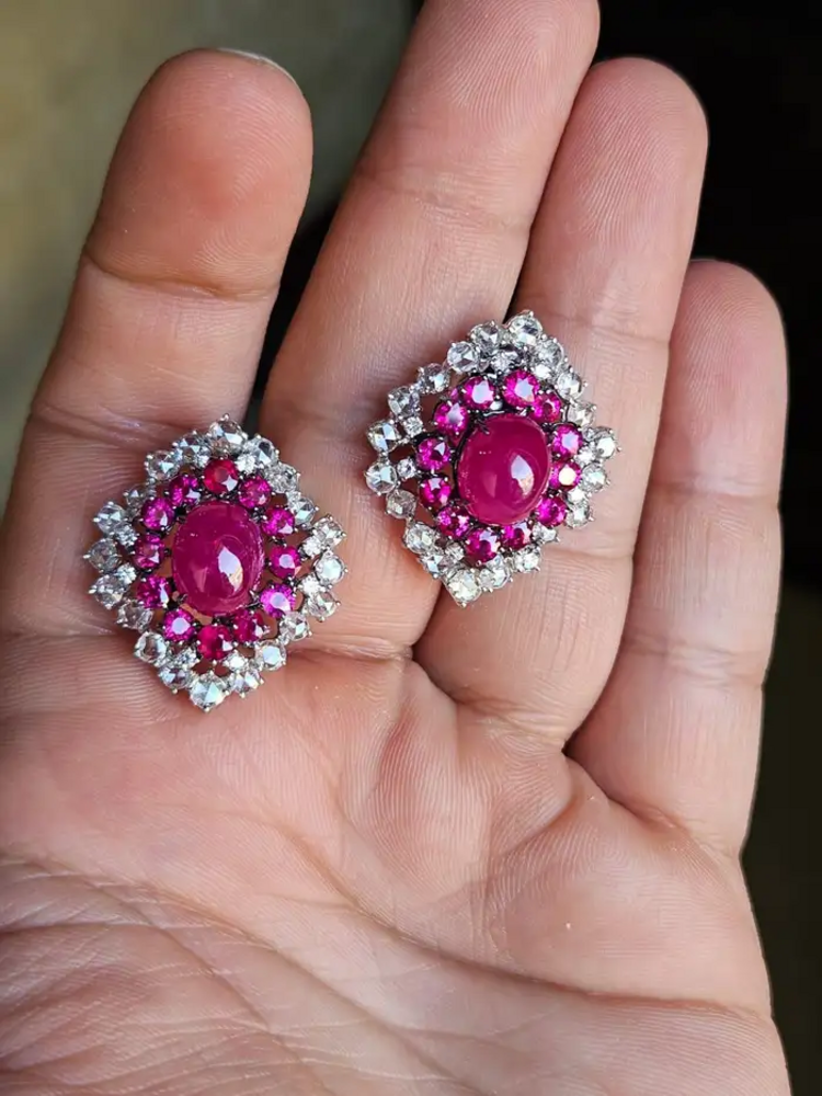Natural Mozambique Ruby Stud Earrings - 18k White Gold Diamond Minimalist Earrings