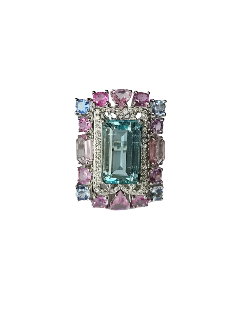 Natural Aquamarine & Multi Sapphire Gemstone Statement Ring - 18k White Gold Diamond Wedding Ring