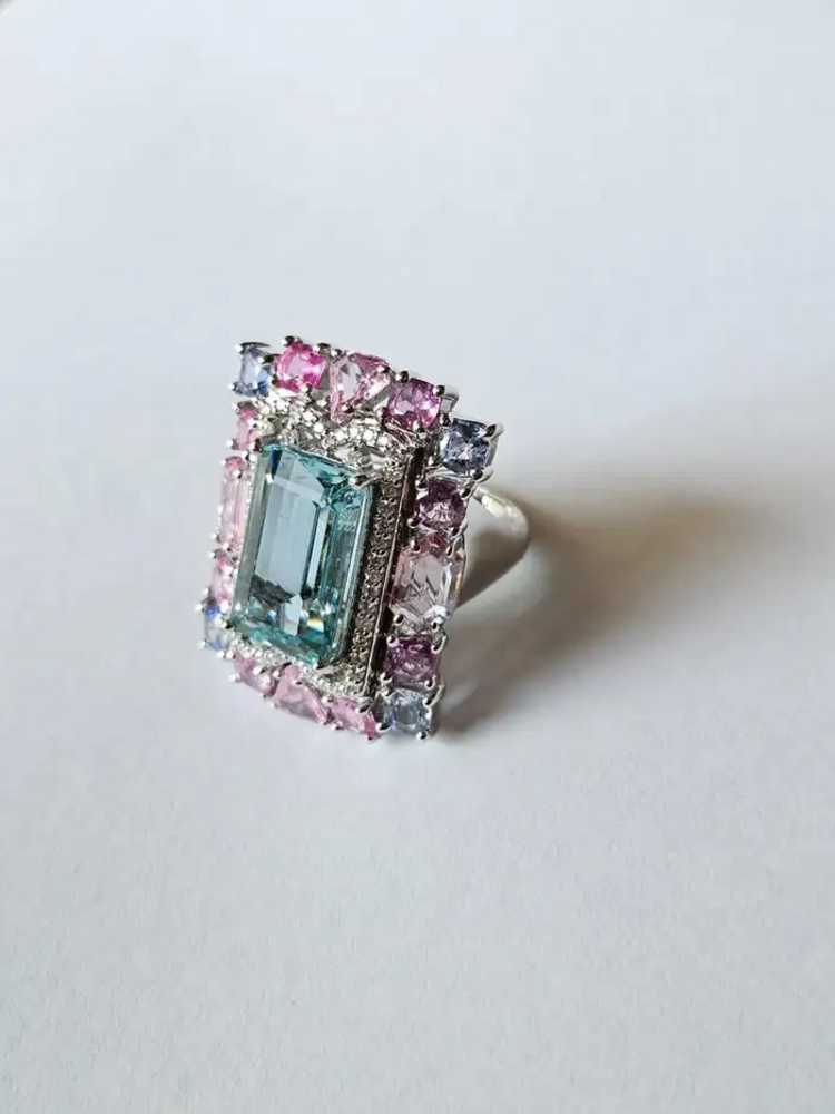 Natural Aquamarine & Multi Sapphire Gemstone Statement Ring - 18k White Gold Diamond Wedding Ring
