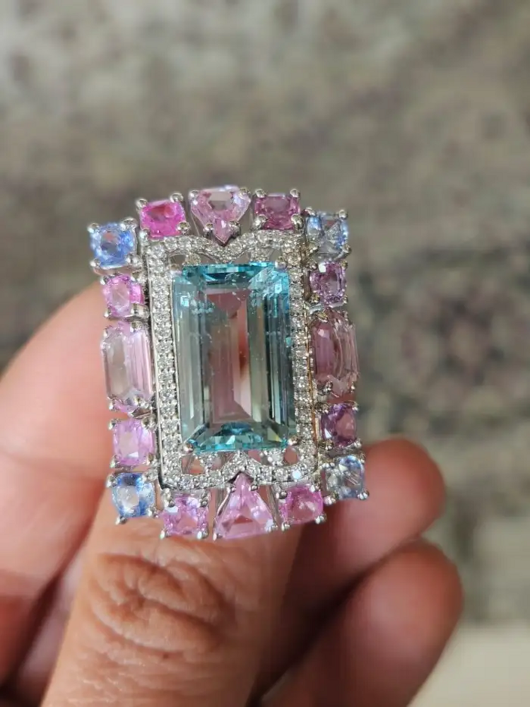 Natural Aquamarine & Multi Sapphire Gemstone Statement Ring - 18k White Gold Diamond Wedding Ring