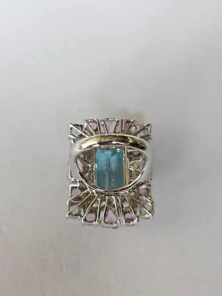 Natural Aquamarine & Multi Sapphire Gemstone Statement Ring - 18k White Gold Diamond Wedding Ring