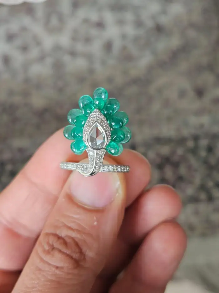 Natural Zambian Emerald Gold Ring - 18k White Gold Diamond Ring