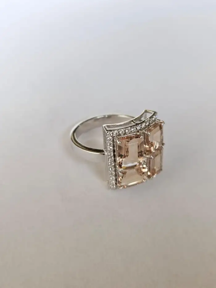 Natural Morganite Gemstone Cocktail Ring - 18k White Gold Handmade Ring With Rose Cut Diamond
