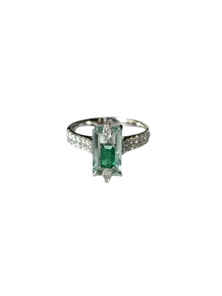 Natural Aquamarine & Zambian Emerald Engagement Ring - 18k White Gold Handmade Ring