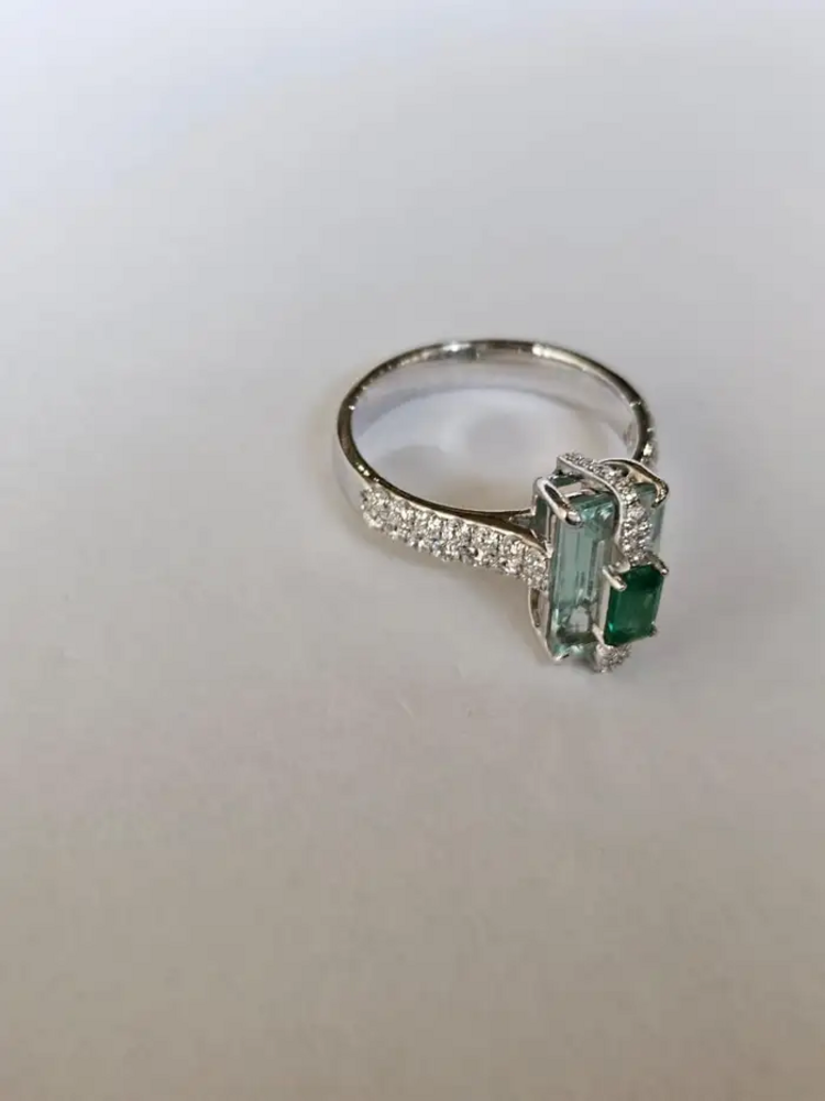 Natural Aquamarine & Zambian Emerald Engagement Ring - 18k White Gold Handmade Ring