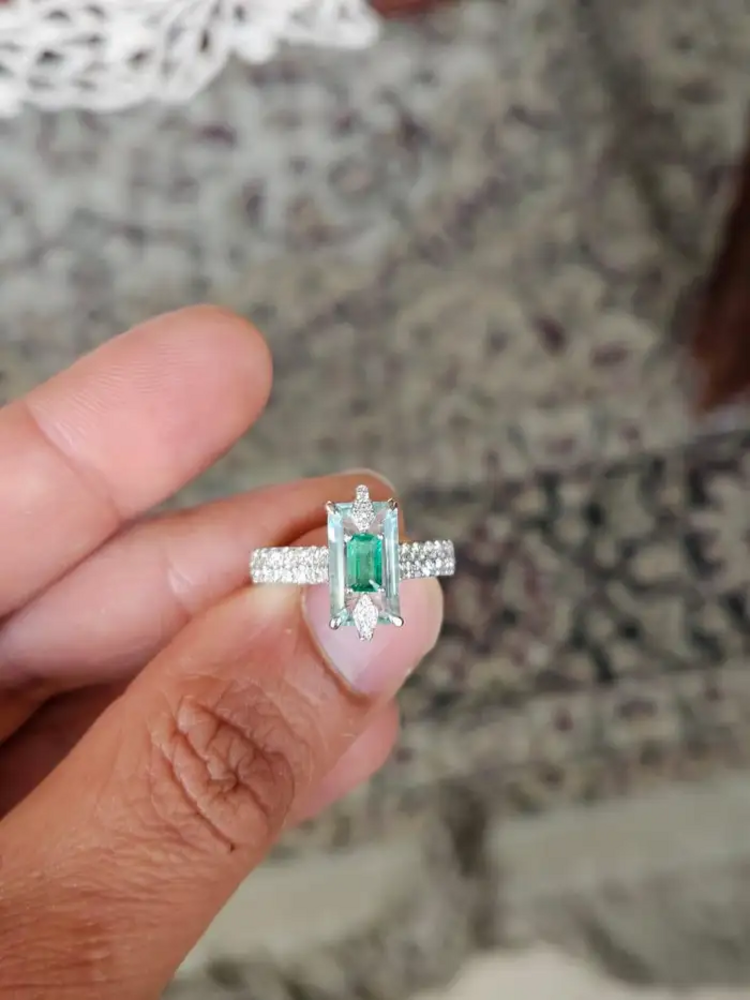 Natural Aquamarine & Zambian Emerald Engagement Ring - 18k White Gold Handmade Ring