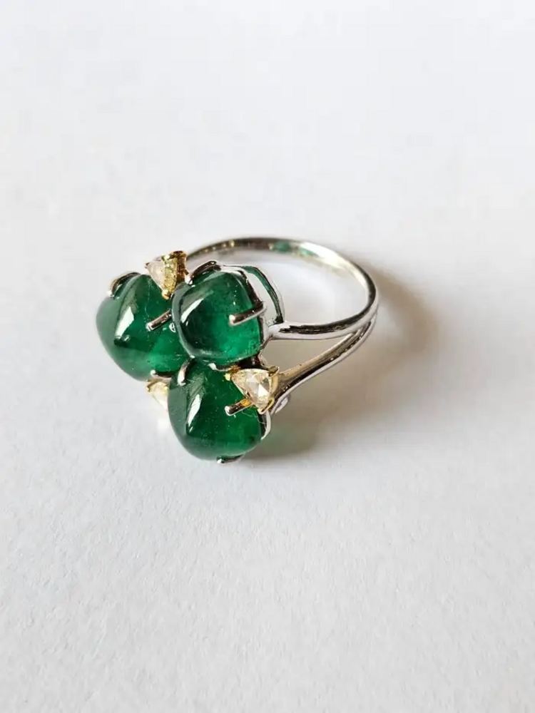 Natural Zambian Emerald Handmade Ring - 18k White Gold & Diamond Statement Ring