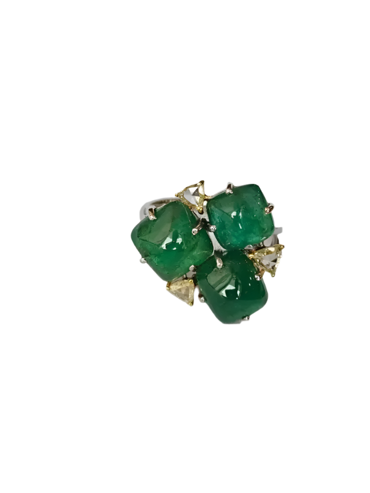 Natural Zambian Emerald Handmade Ring - 18k White Gold & Diamond Statement Ring