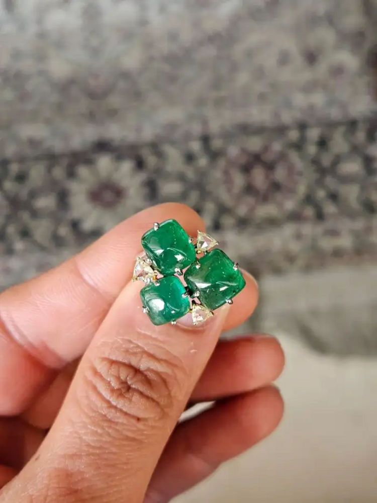 Natural Zambian Emerald Handmade Ring - 18k White Gold & Diamond Statement Ring