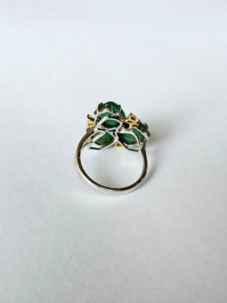 Natural Zambian Emerald Handmade Ring - 18k White Gold & Diamond Statement Ring