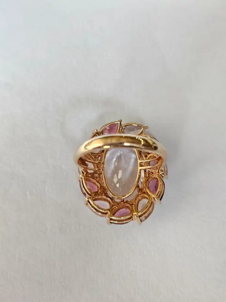 8.47 Ct. Morganite & Tourmaline Gemstone Cocktail Ring - 18k Yellow Gold Diamond Ring