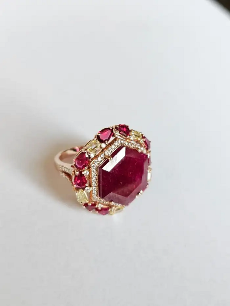 9.06 Ct Mozambique Ruby Cocktail Ring - 18k Yellow Gold Handmade Yellow Diamond Wedding Ring