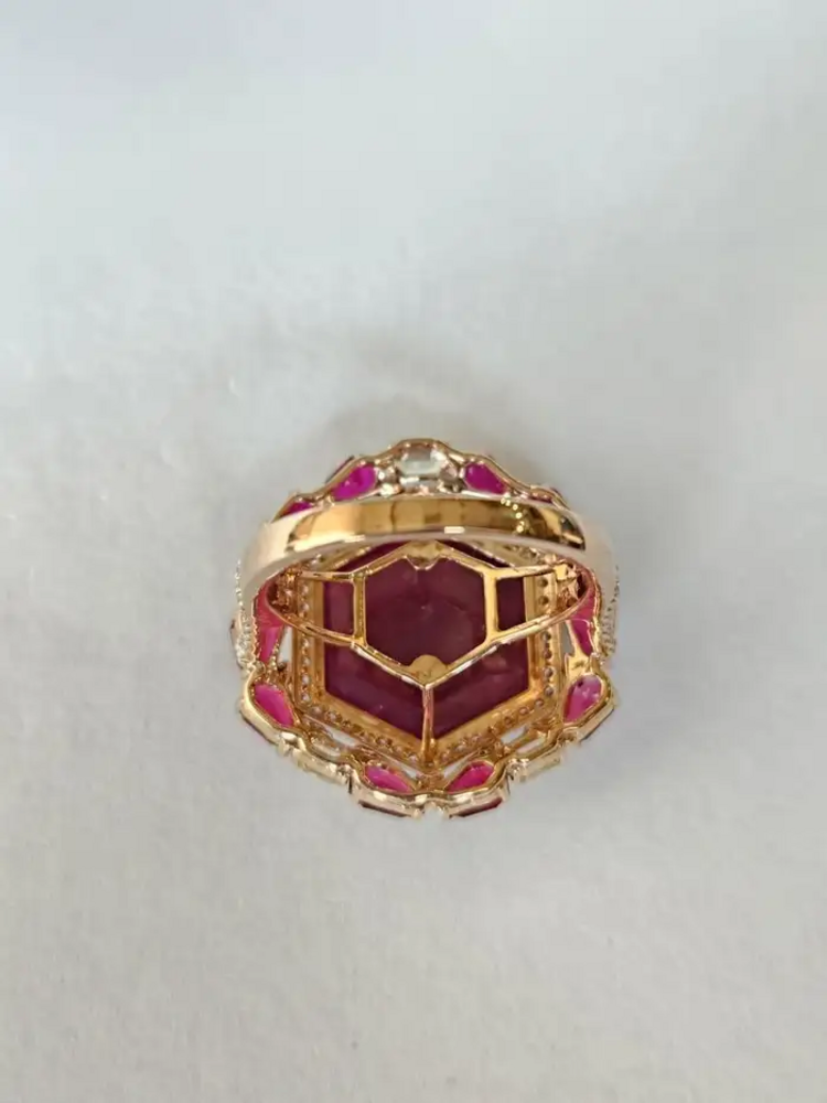 9.06 Ct Mozambique Ruby Cocktail Ring - 18k Yellow Gold Handmade Yellow Diamond Wedding Ring
