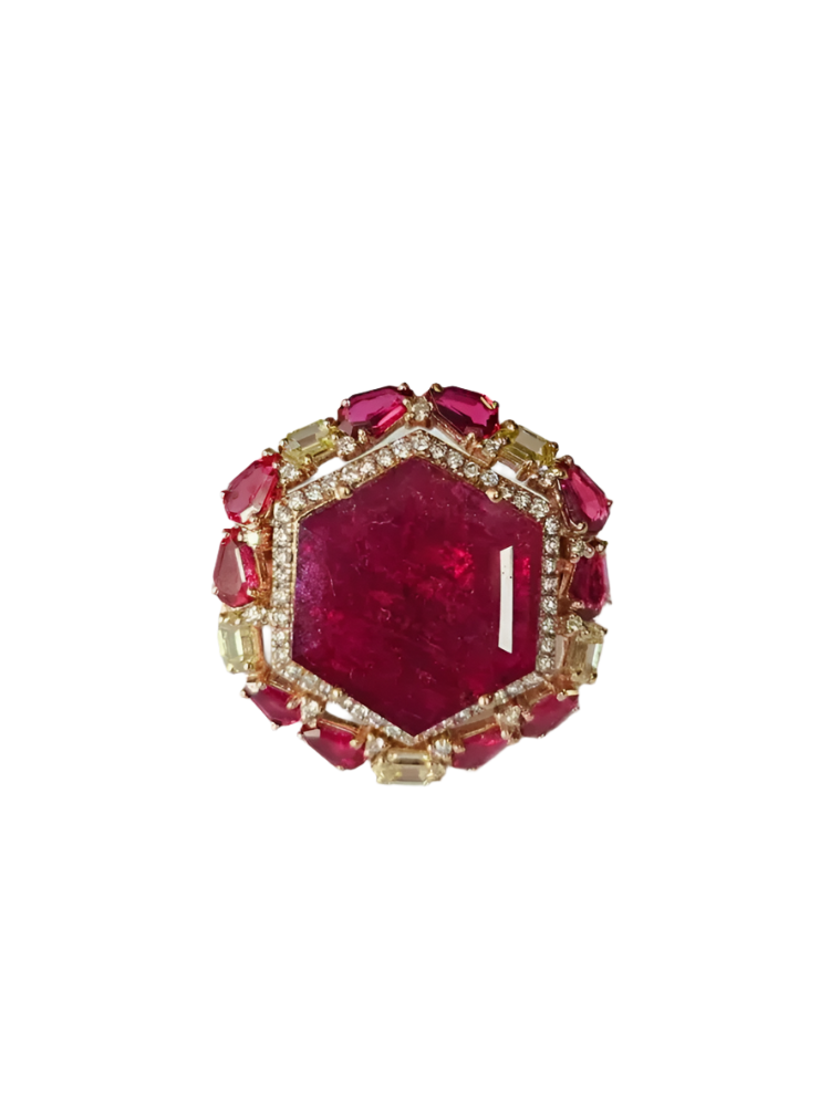 9.06 Ct Mozambique Ruby Cocktail Ring - 18k Yellow Gold Handmade Yellow Diamond Wedding Ring