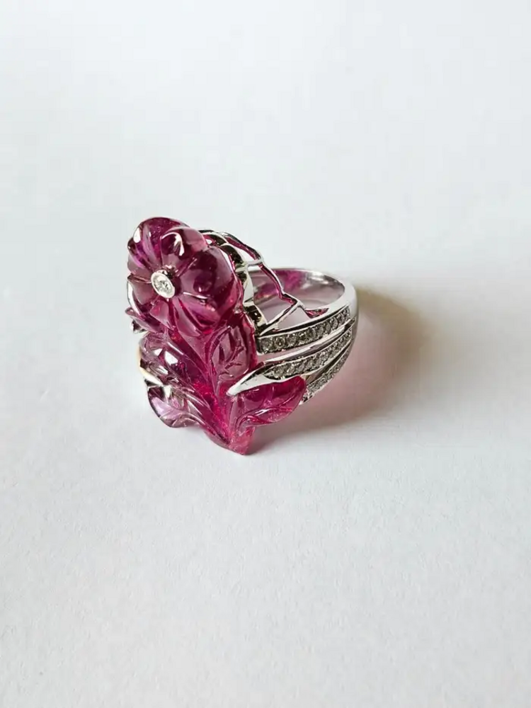 33.00 Ct. Carved Tourmaline Ring - 18k Gold Diamond Big Ring - Gemstone Floral Ring