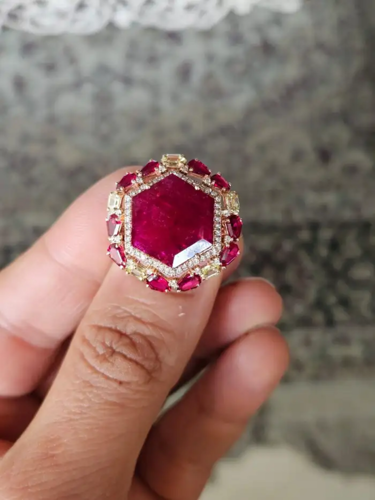 9.06 Ct Mozambique Ruby Cocktail Ring - 18k Yellow Gold Handmade Yellow Diamond Wedding Ring
