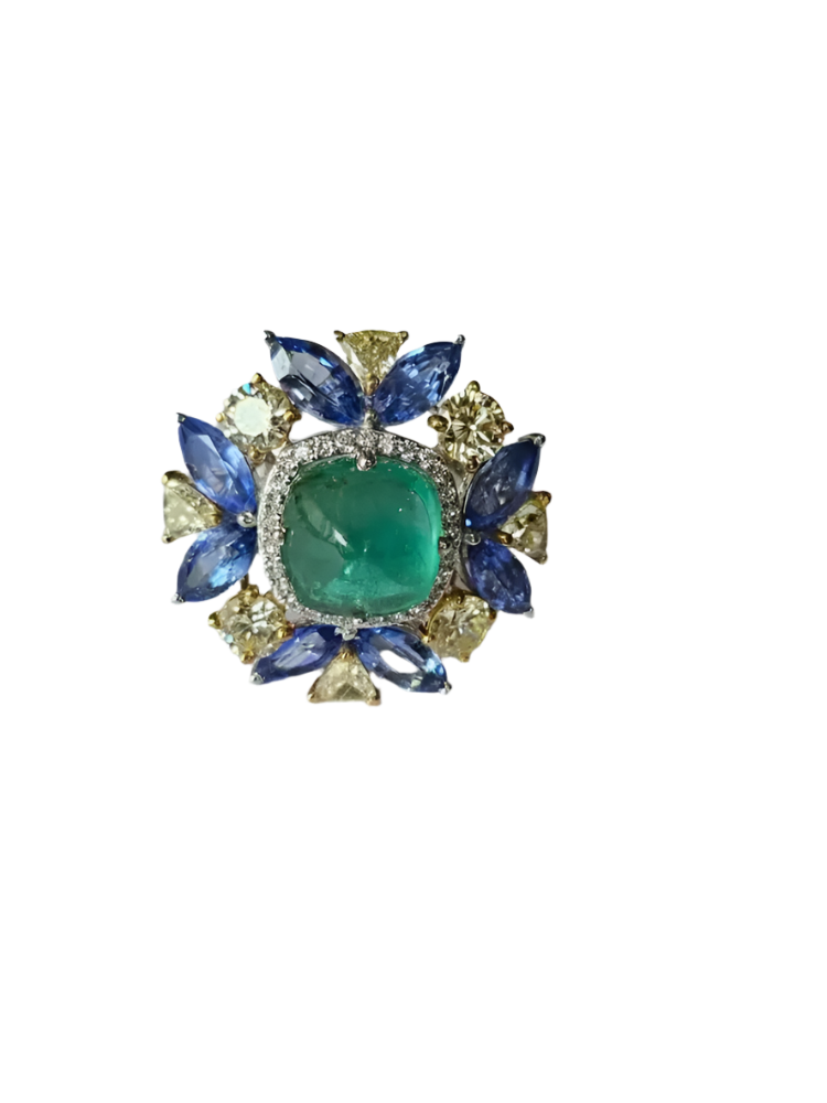 Natural Sugarloaf Zambian Emerald & Blue Sapphire Ring - 18k White Gold Handmade Diamond Ring