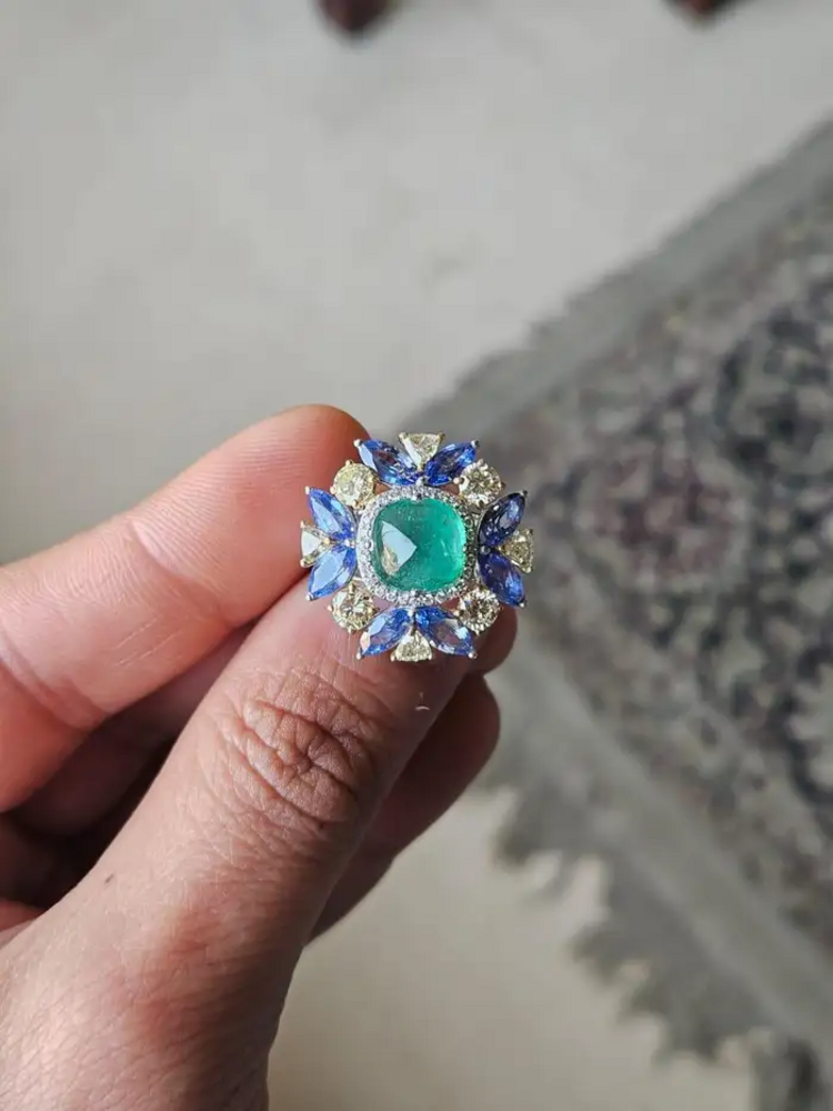Natural Sugarloaf Zambian Emerald & Blue Sapphire Ring - 18k White Gold Handmade Diamond Ring