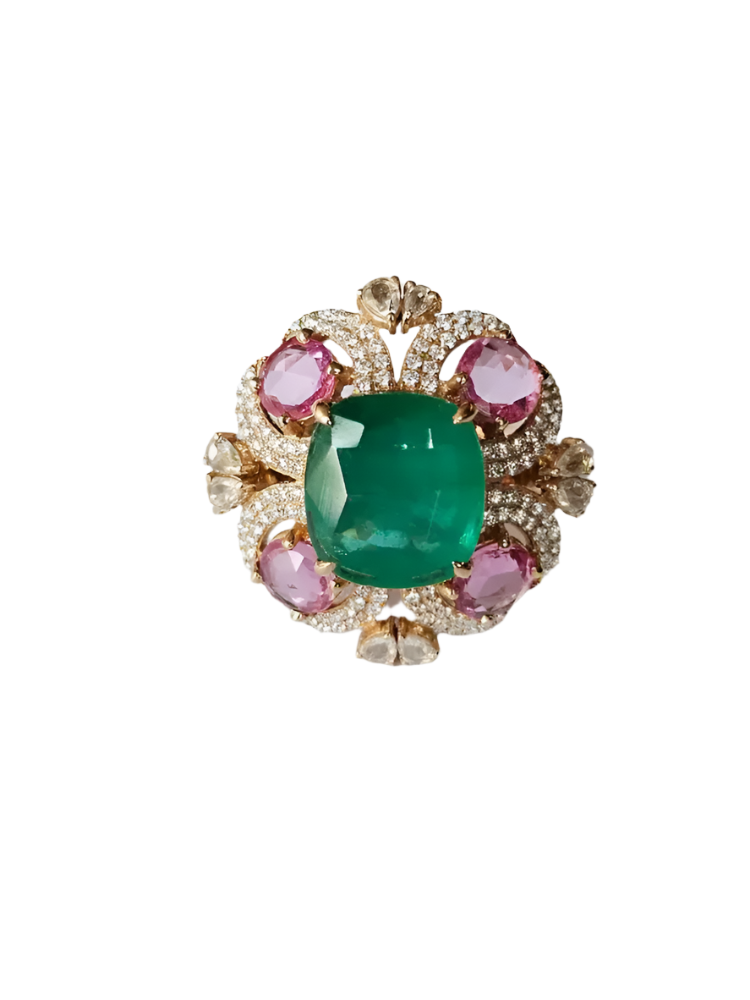 Natural Zambian Emerald & Ceylon Pink Sapphire Ring - 18k Rose Gold Diamond Wedding Ring